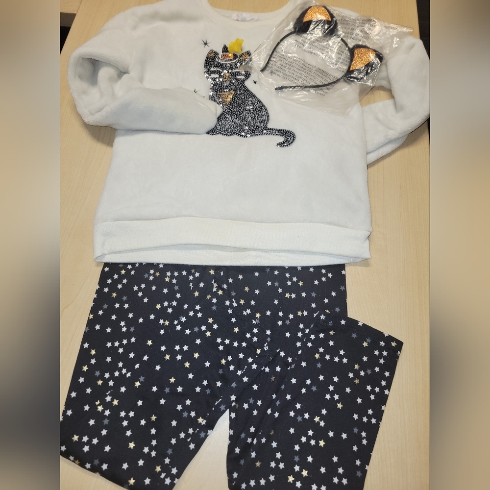 NWOT Girls Black, Gold, White Halloween Outfit with Headband- Fuzzy Top- Size 8
